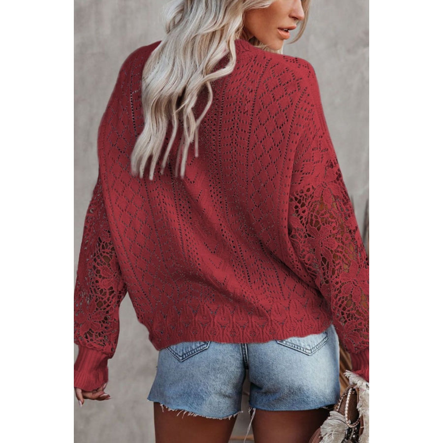 Openwork Round Neck Long Sleeve Sweater Apparel and Accessories