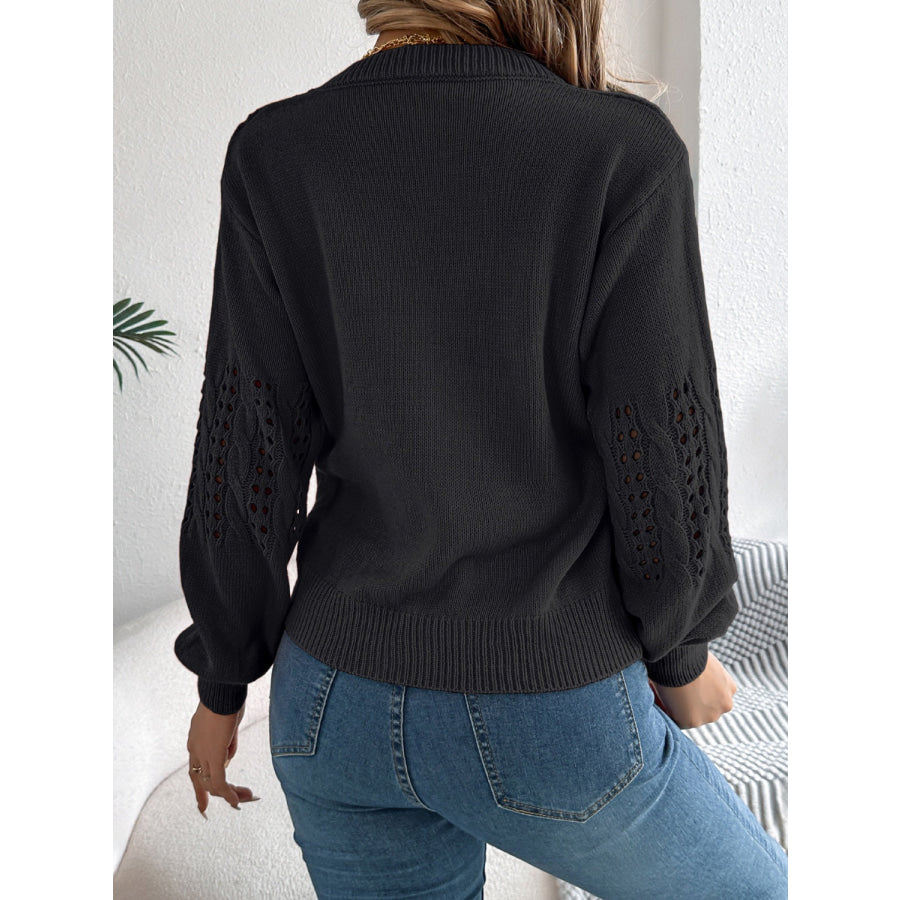 Openwork Round Neck Long Sleeve Sweater Apparel and Accessories