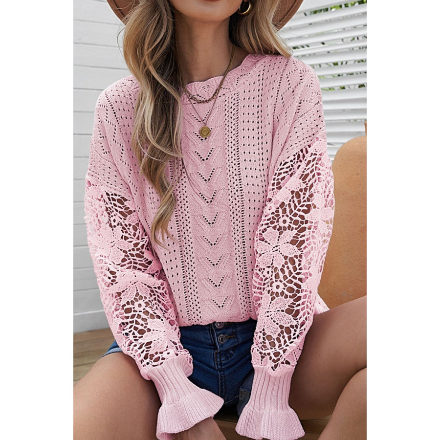 Openwork Round Neck Long Sleeve Sweater Apparel and Accessories