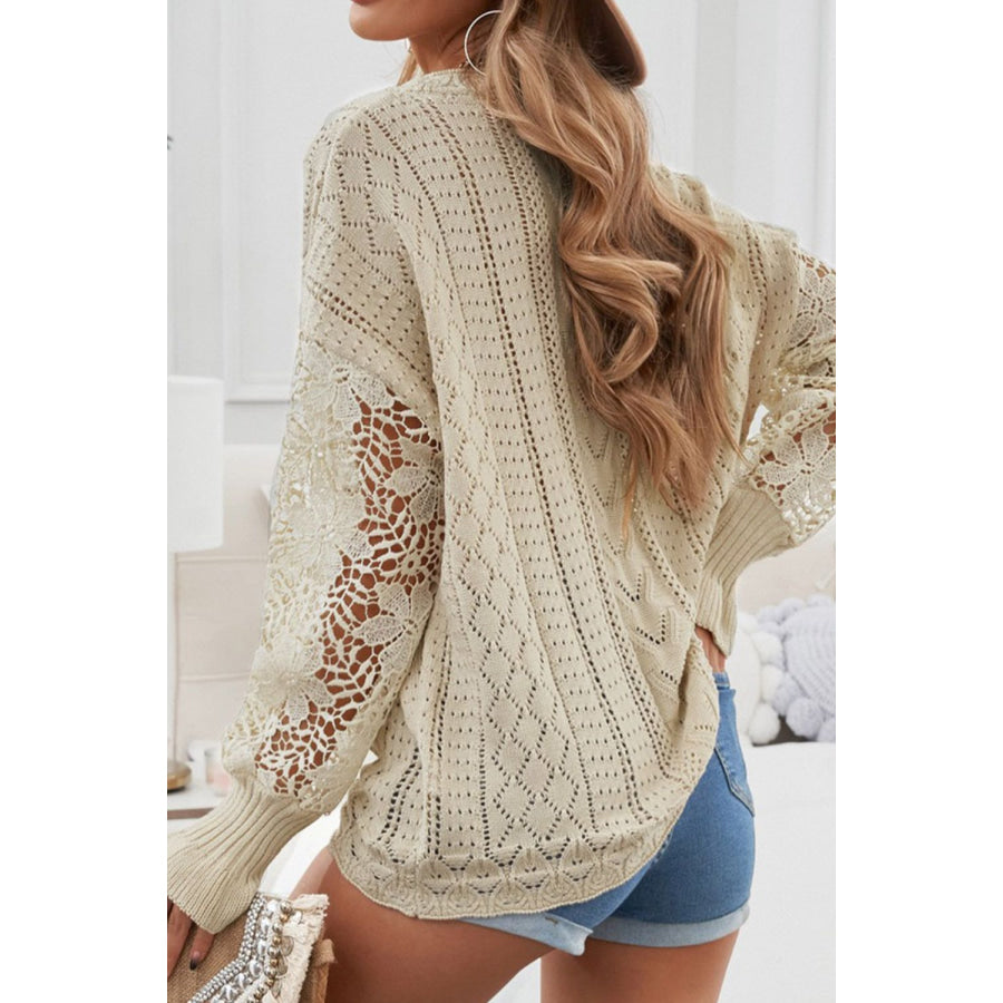 Openwork Round Neck Long Sleeve Sweater Apparel and Accessories