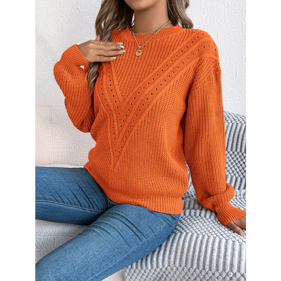 Openwork Round Neck Long Sleeve Sweater Apparel and Accessories