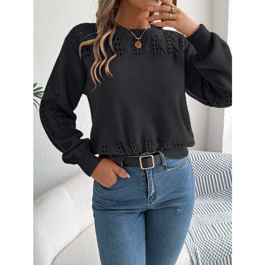 Openwork Round Neck Long Sleeve Sweater Apparel and Accessories