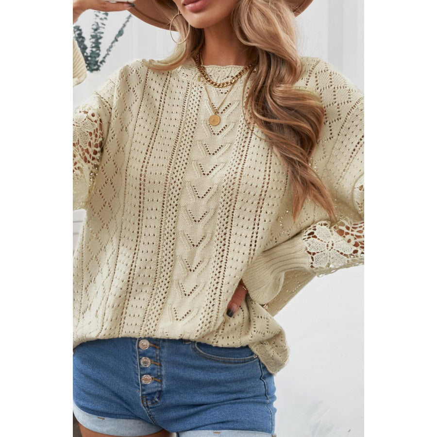 Openwork Round Neck Long Sleeve Sweater Apparel and Accessories