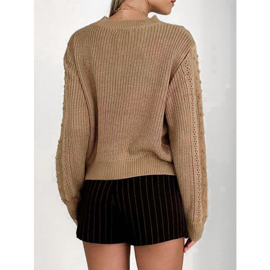 Openwork Round Neck Long Sleeve Sweater Apparel and Accessories