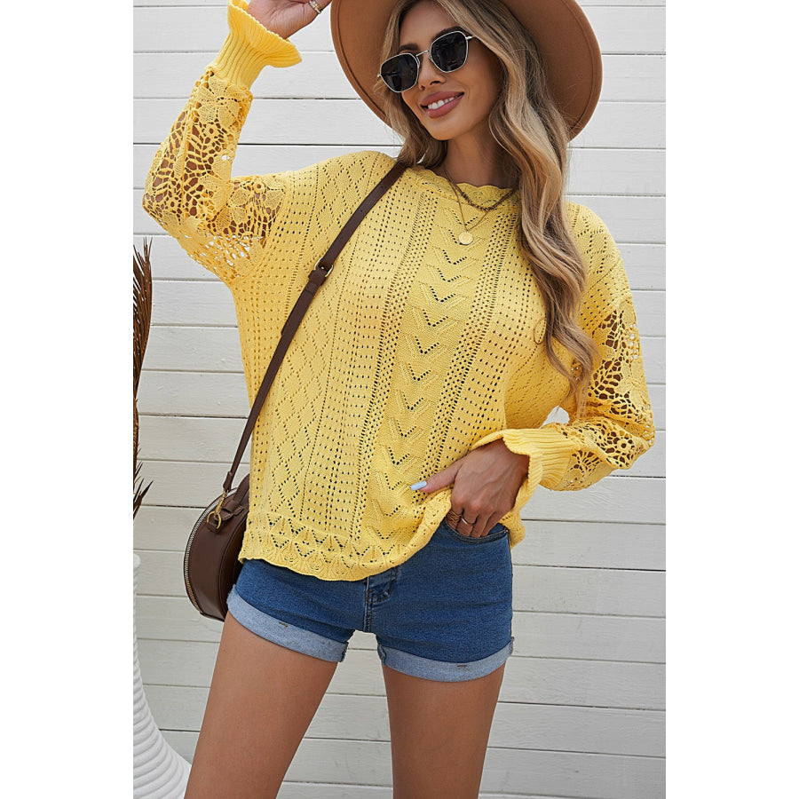 Openwork Round Neck Long Sleeve Sweater Apparel and Accessories