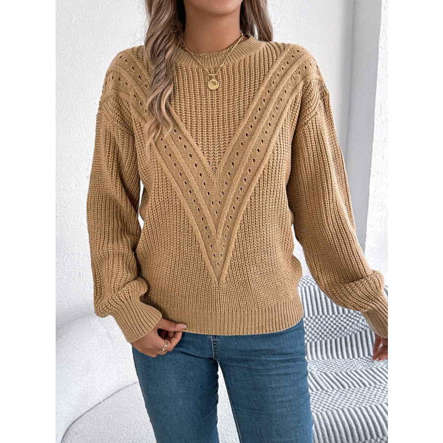 Openwork Round Neck Long Sleeve Sweater Apparel and Accessories