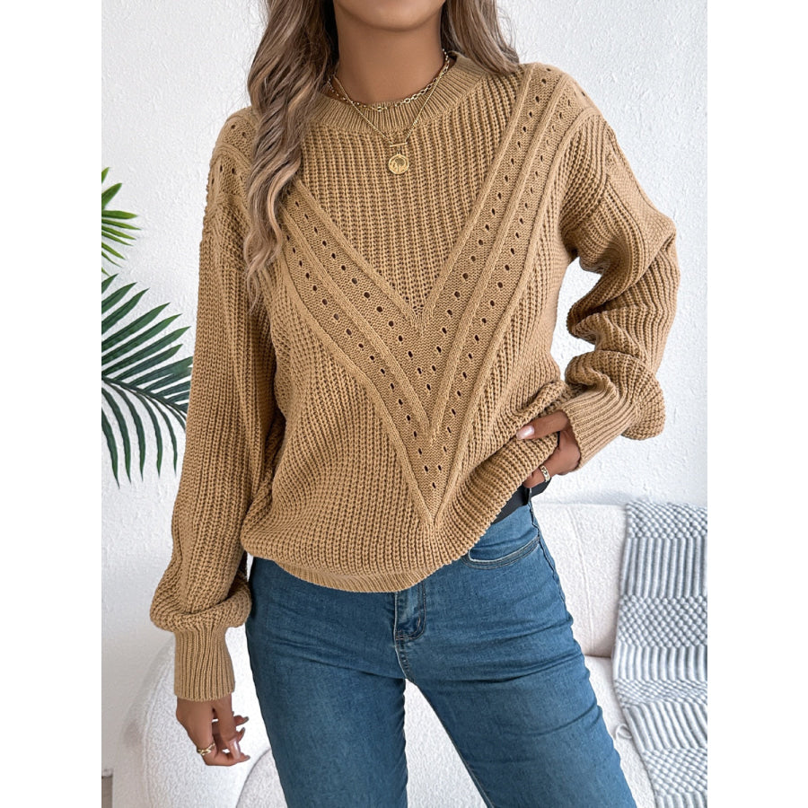 Openwork Round Neck Long Sleeve Sweater Apparel and Accessories