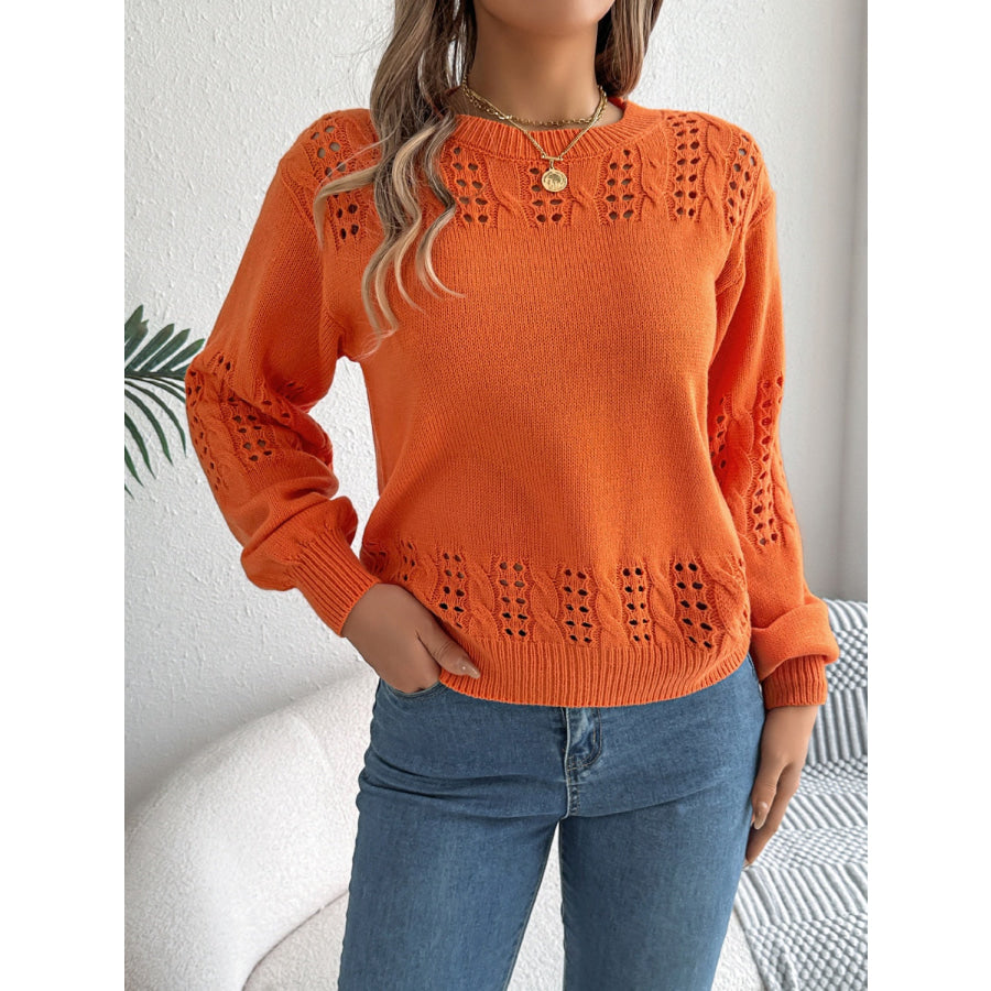 Openwork Round Neck Long Sleeve Sweater Apparel and Accessories