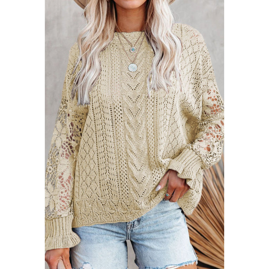 Openwork Round Neck Long Sleeve Sweater Beige / S Apparel and Accessories