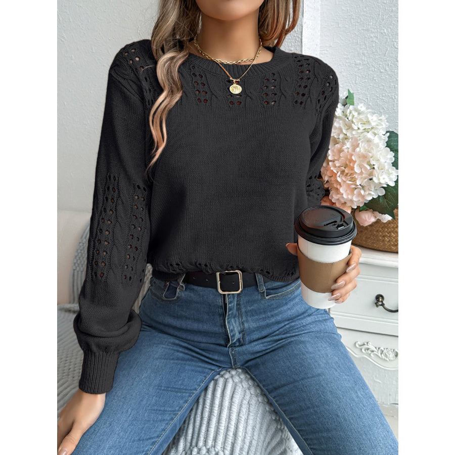 Openwork Round Neck Long Sleeve Sweater Black / S Apparel and Accessories