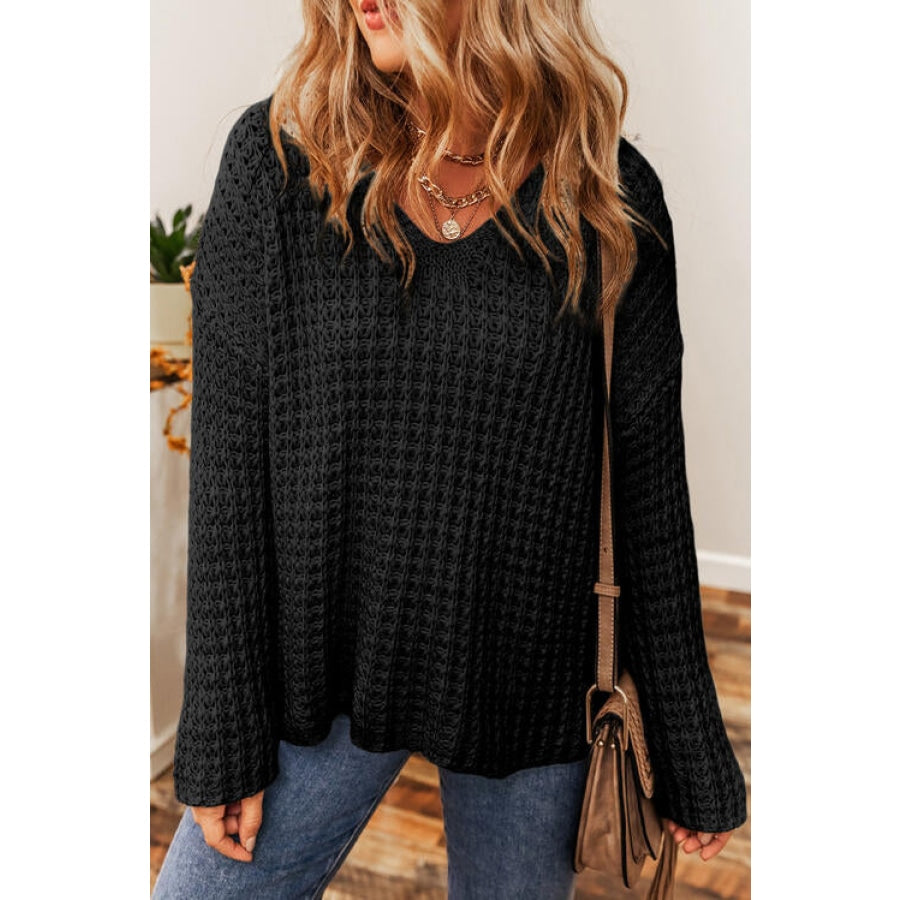 Openwork Round Neck Long Sleeve Sweater Black / S