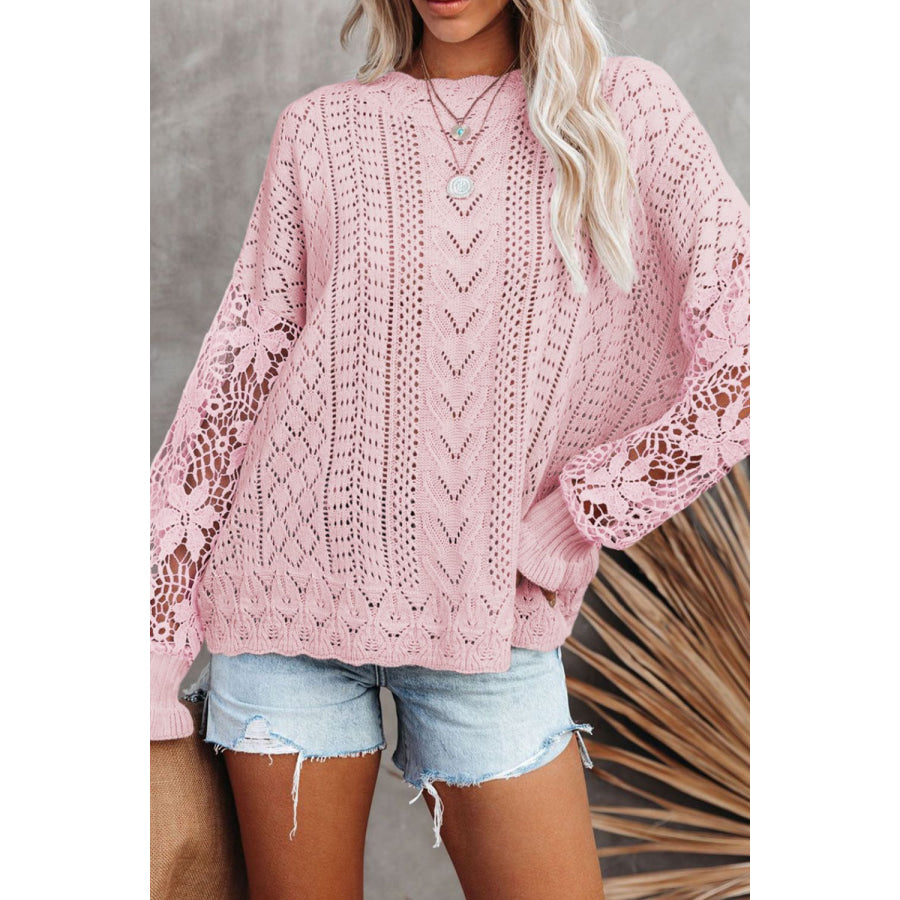 Openwork Round Neck Long Sleeve Sweater Blush Pink / S Apparel and Accessories