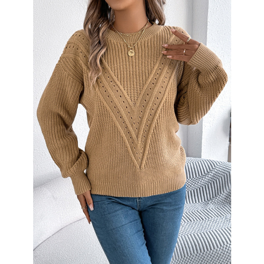 Openwork Round Neck Long Sleeve Sweater Camel / S Apparel and Accessories