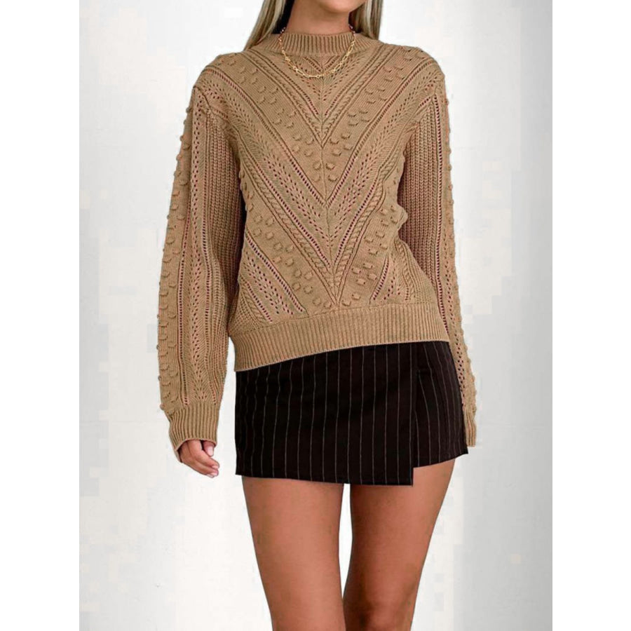 Openwork Round Neck Long Sleeve Sweater Camel / S Apparel and Accessories