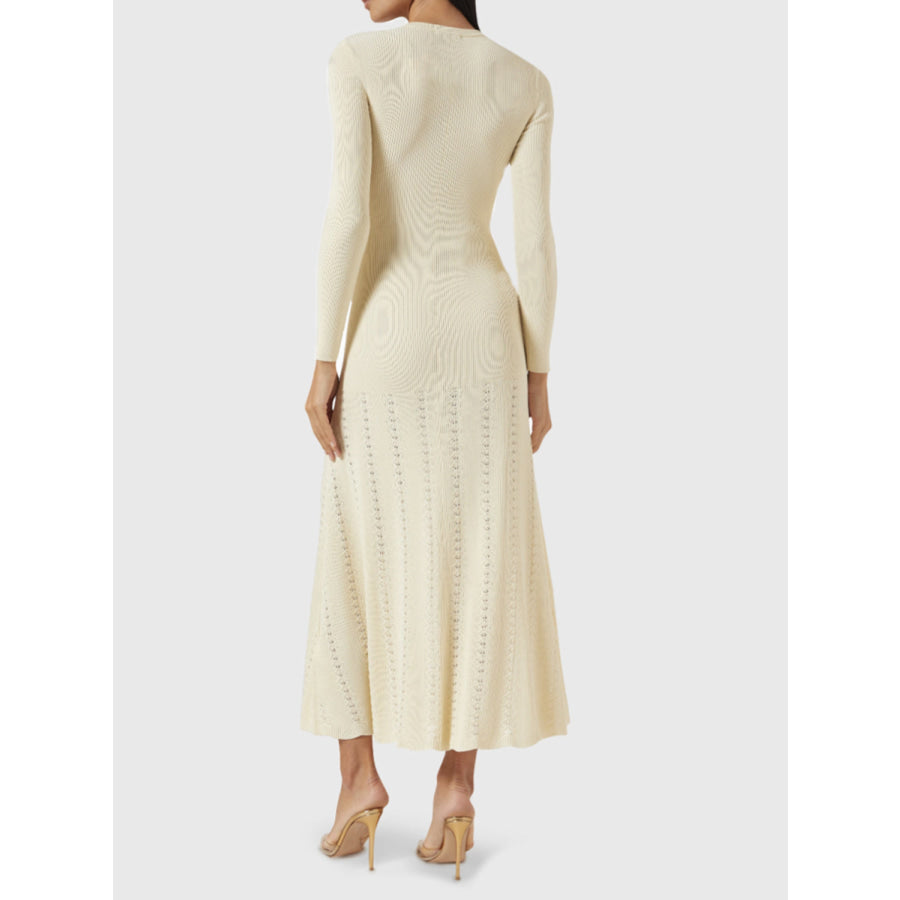 Openwork Round Neck Long Sleeve Sweater Dress Apparel and Accessories