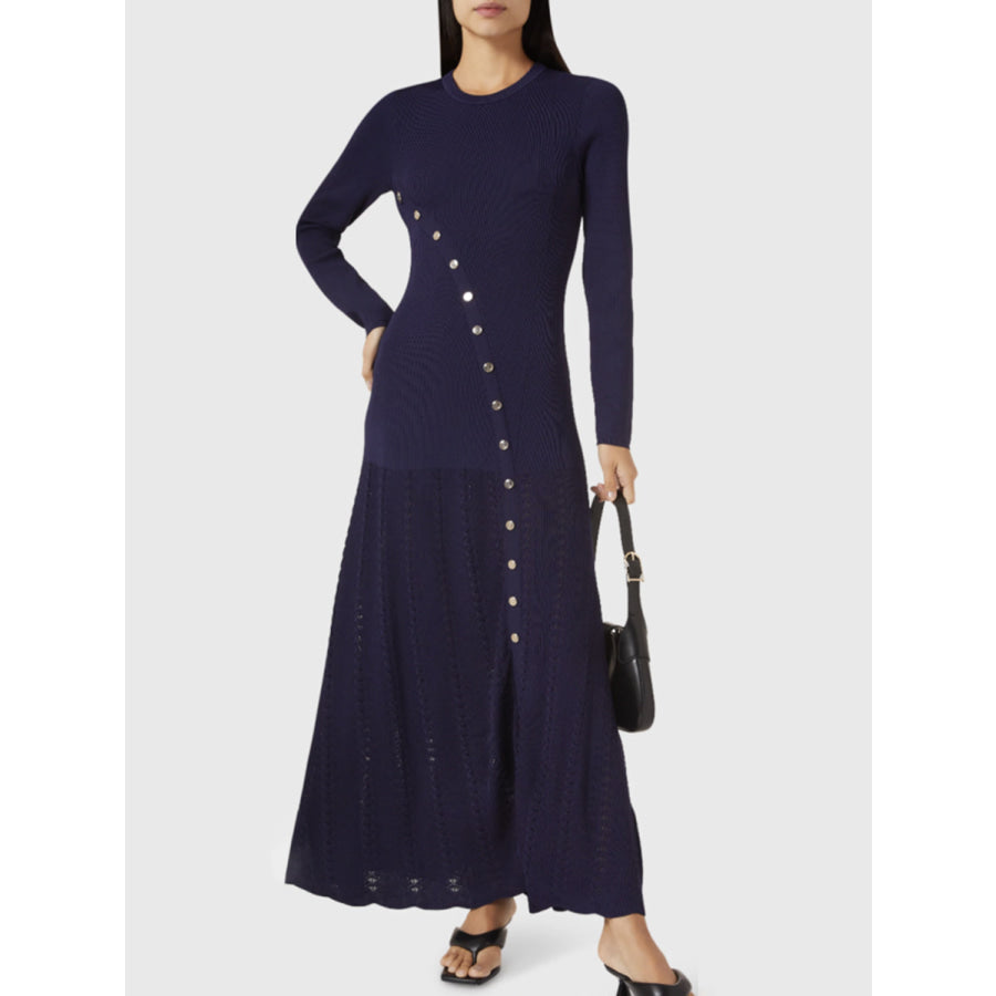 Openwork Round Neck Long Sleeve Sweater Dress Dark Blue / One Size Apparel and Accessories