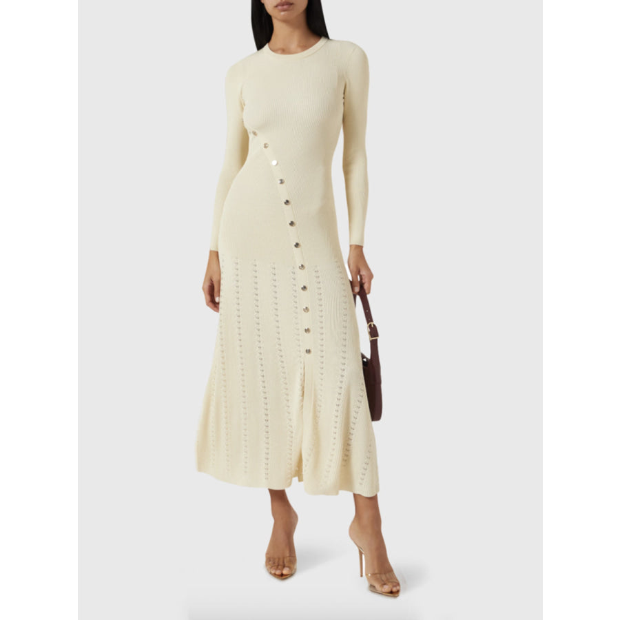 Openwork Round Neck Long Sleeve Sweater Dress Pastel Yellow / One Size Apparel and Accessories