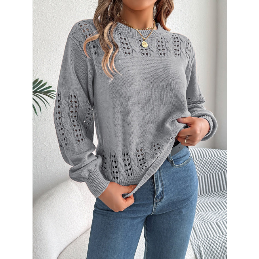 Openwork Round Neck Long Sleeve Sweater Gray / S Apparel and Accessories