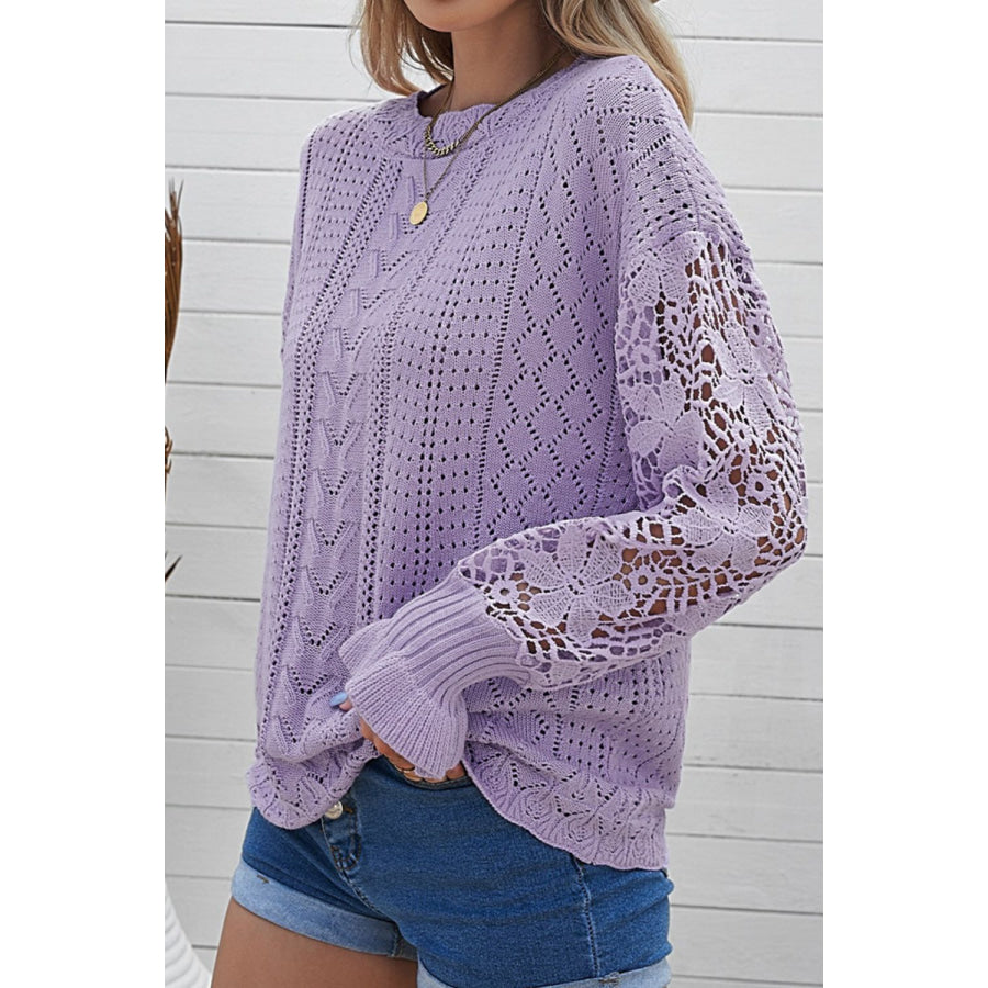 Openwork Round Neck Long Sleeve Sweater Lavender / S Apparel and Accessories