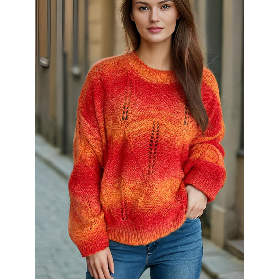 Openwork Round Neck Long Sleeve Sweater Orange / One Size Apparel and Accessories