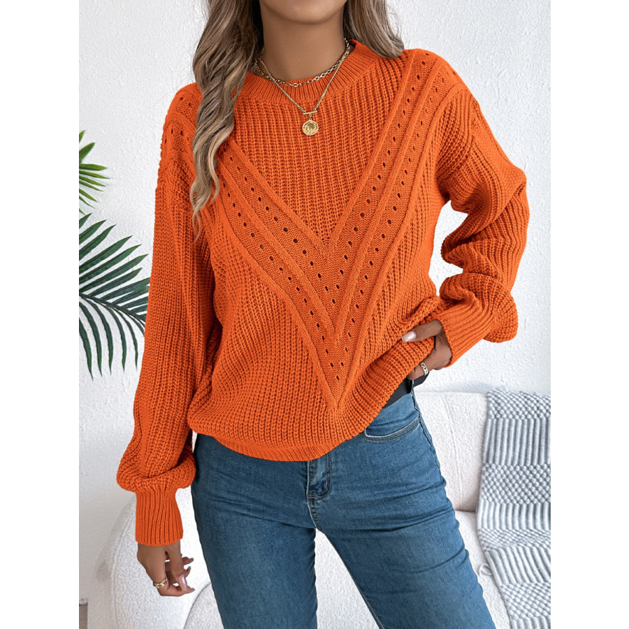 Openwork Round Neck Long Sleeve Sweater Orange / S Apparel and Accessories