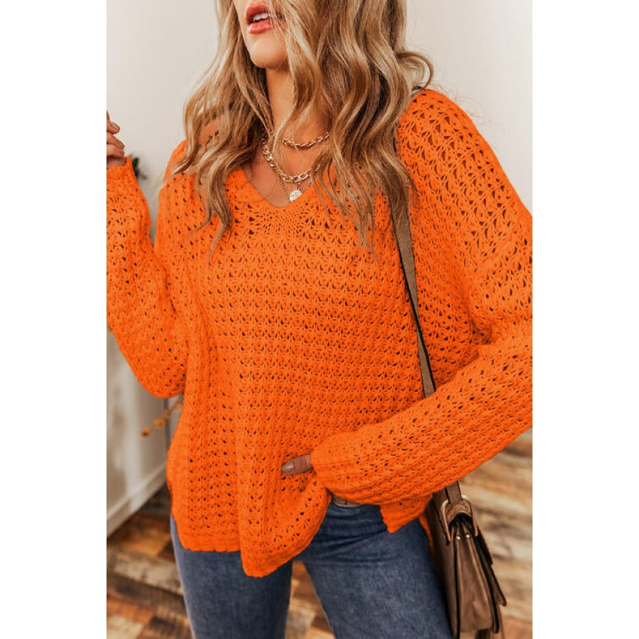 Openwork Round Neck Long Sleeve Sweater Orange / S