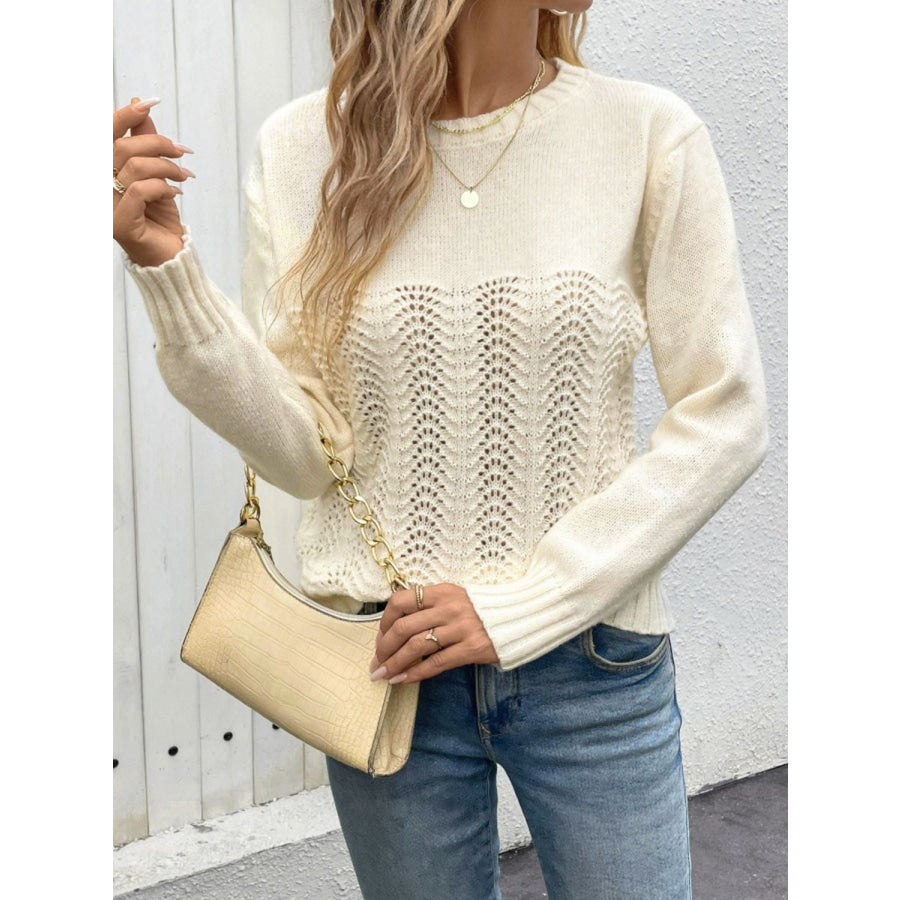 Openwork Round Neck Long Sleeve Sweater Pastel Yellow / S Apparel and Accessories