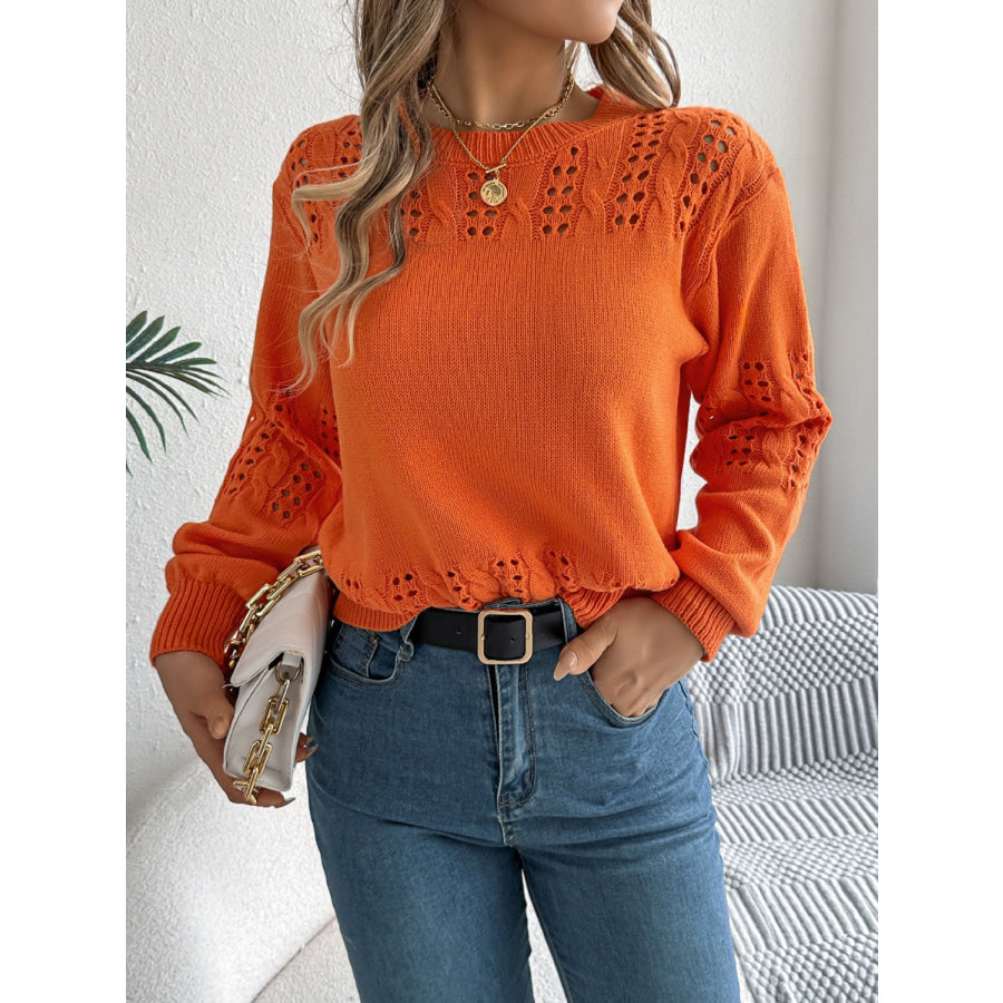 Openwork Round Neck Long Sleeve Sweater Pumpkin / S Apparel and Accessories