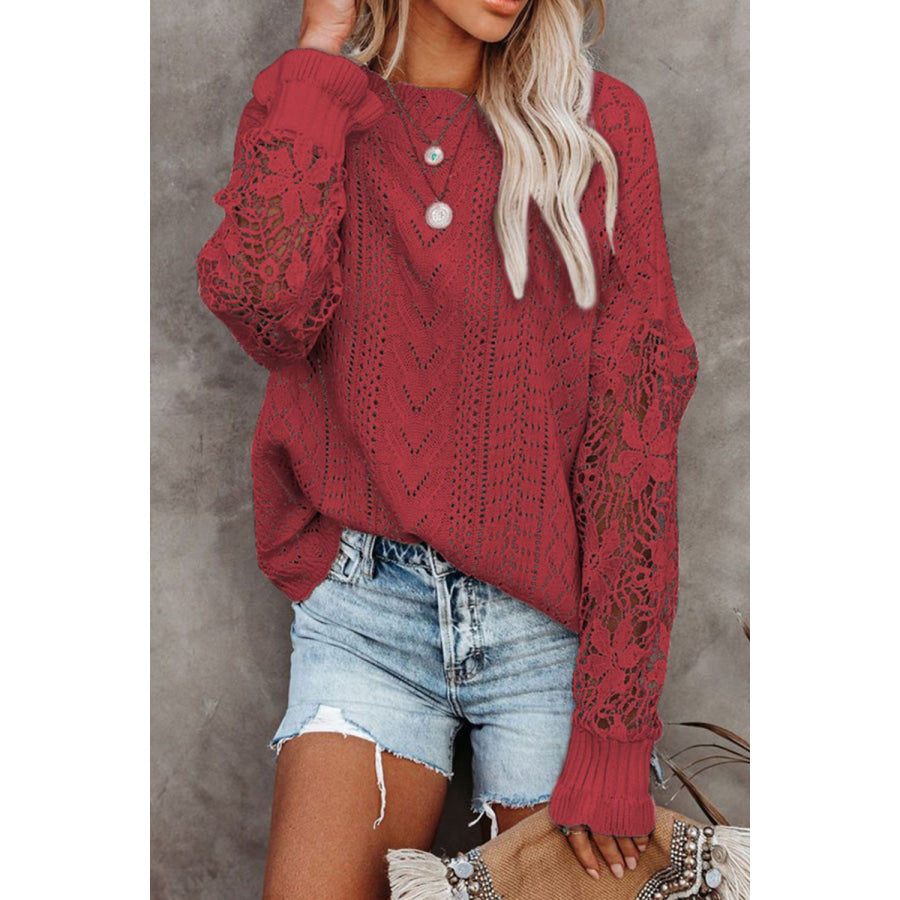 Openwork Round Neck Long Sleeve Sweater Rust / S Apparel and Accessories