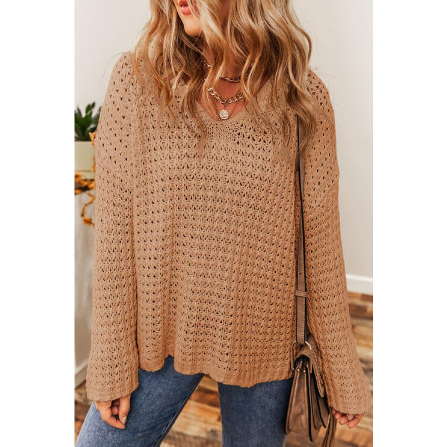 Openwork Round Neck Long Sleeve Sweater Tan / S