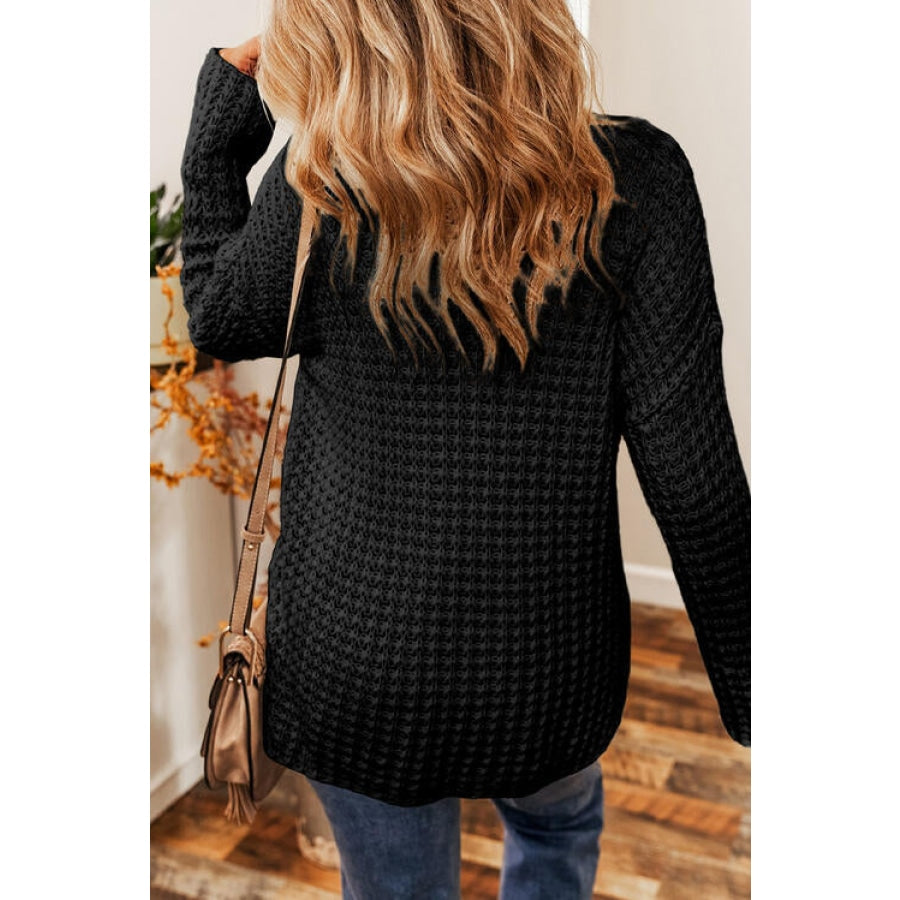 Openwork Round Neck Long Sleeve Sweater Black / S