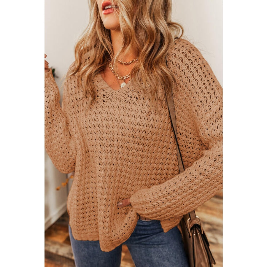 Openwork Round Neck Long Sleeve Sweater