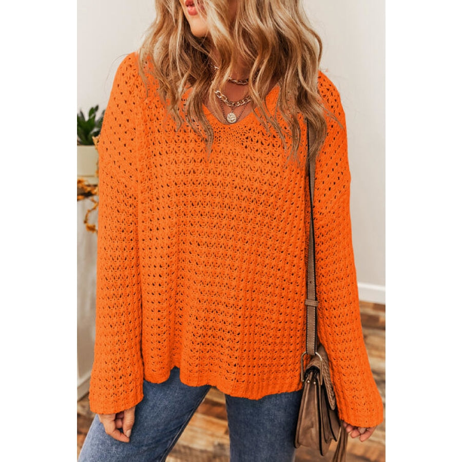 Openwork Round Neck Long Sleeve Sweater