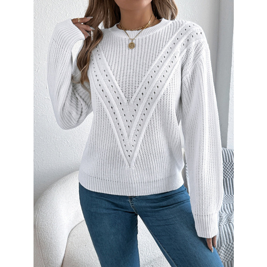 Openwork Round Neck Long Sleeve Sweater White / S Apparel and Accessories