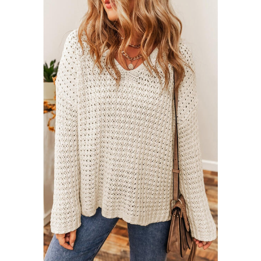 Openwork Round Neck Long Sleeve Sweater White / S