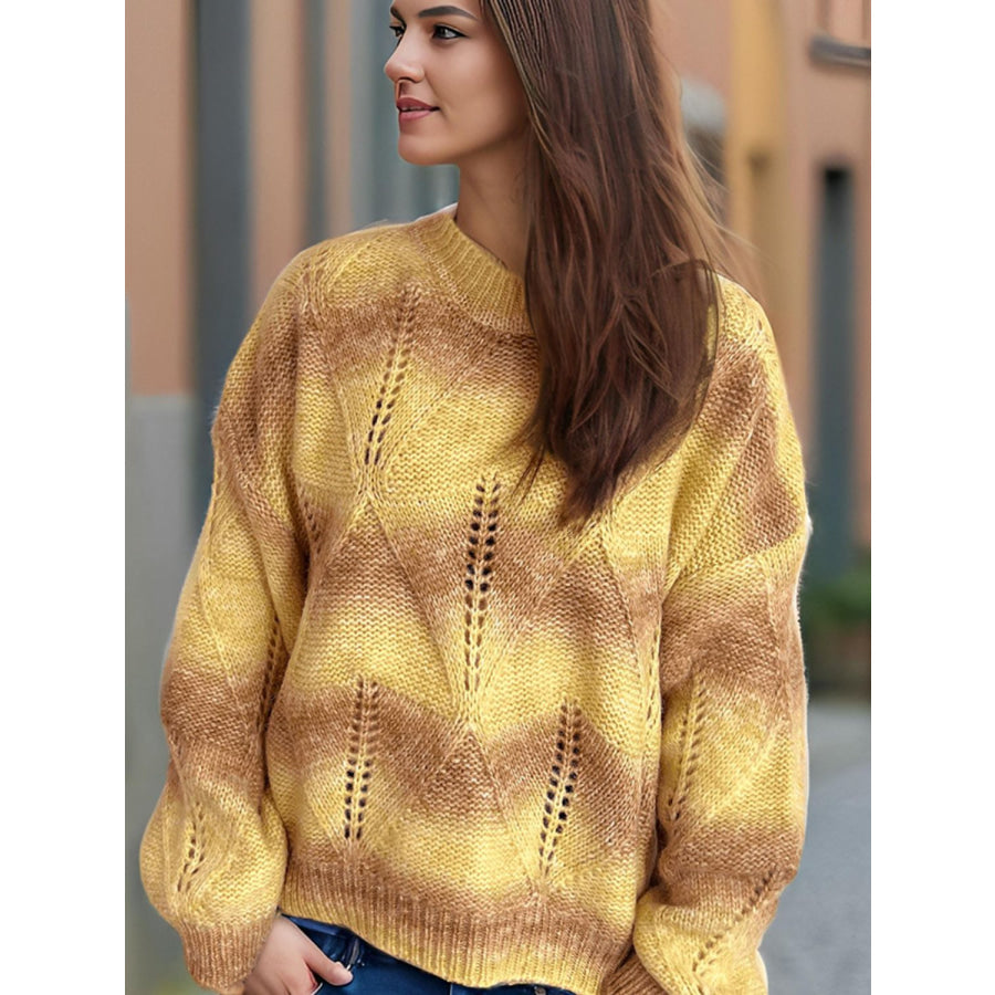 Openwork Round Neck Long Sleeve Sweater Yellow / One Size Apparel and Accessories