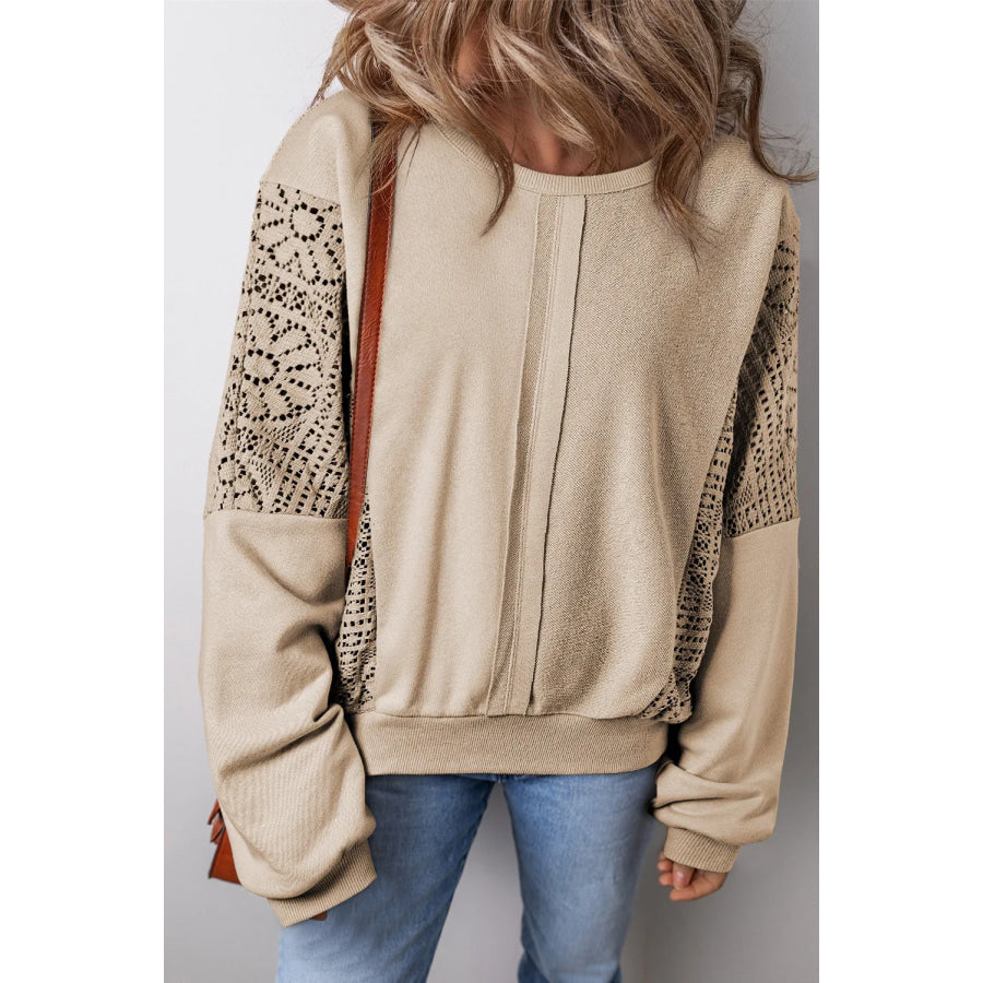 Openwork Round Neck Long Sleeve Sweatshirt Tan / S Apparel and Accessories