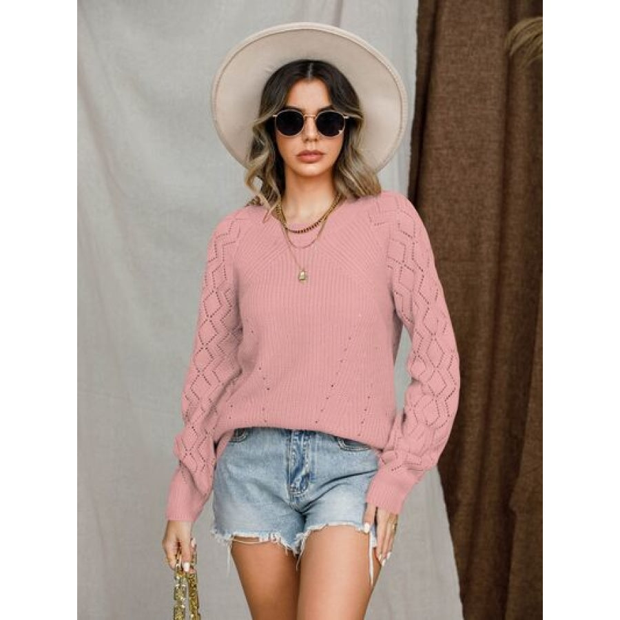 Openwork Round Neck Raglan Sleeve Sweater Apparel and Accessories