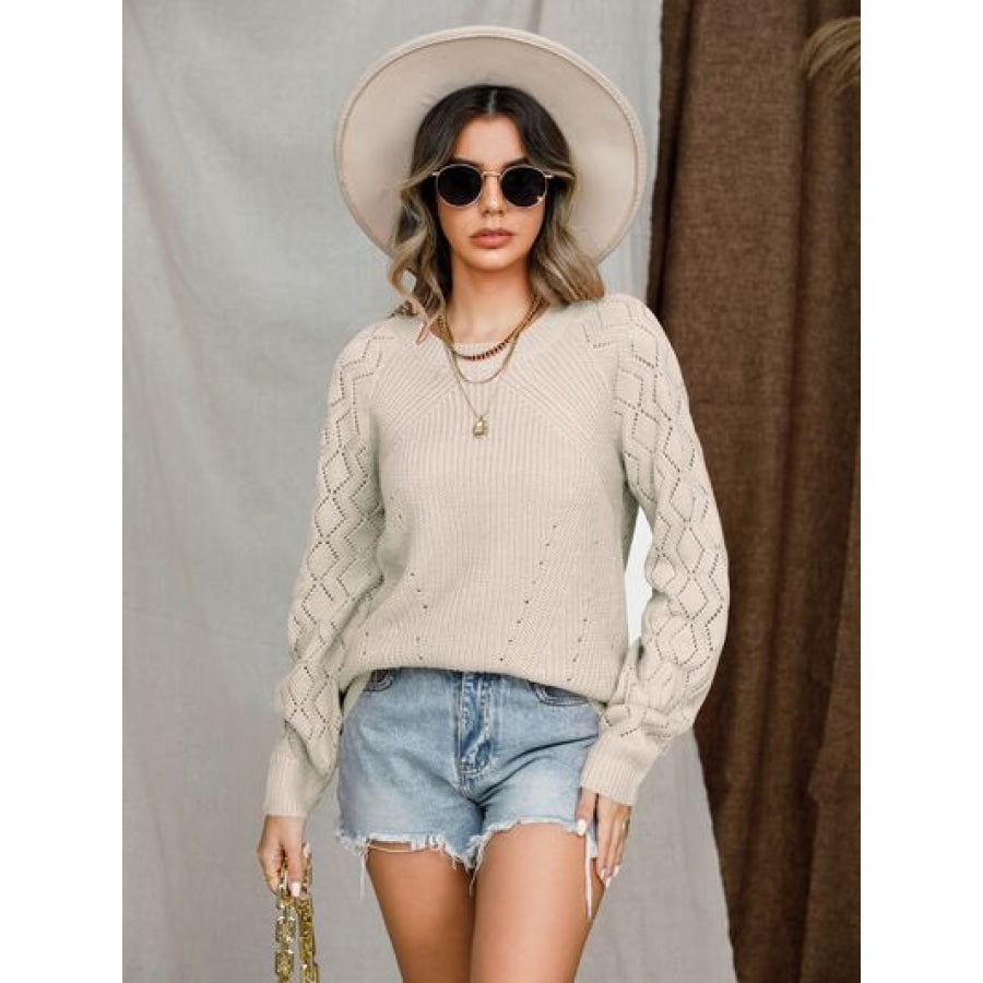 Openwork Round Neck Raglan Sleeve Sweater Apparel and Accessories