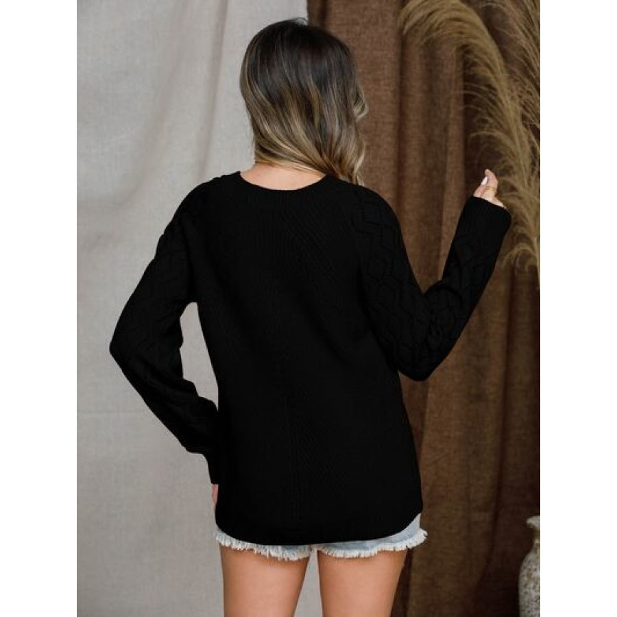 Openwork Round Neck Raglan Sleeve Sweater Apparel and Accessories