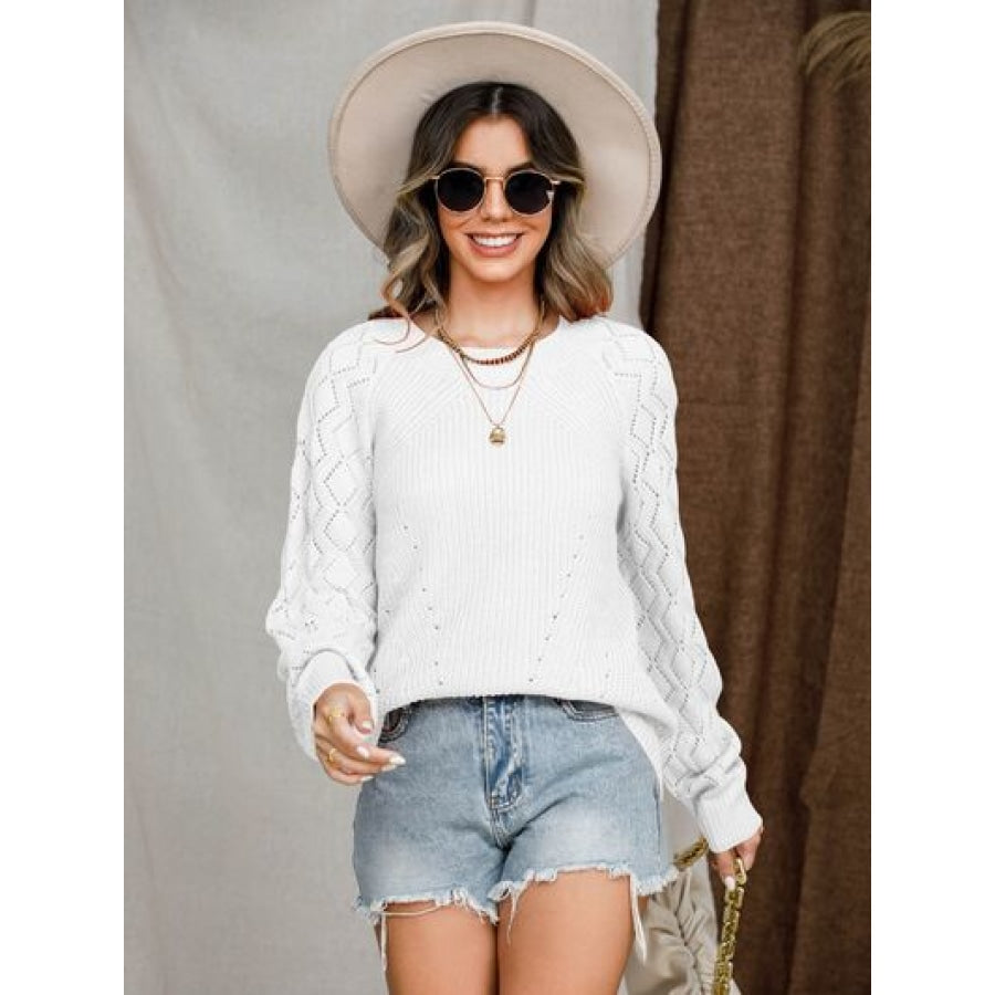 Openwork Round Neck Raglan Sleeve Sweater Apparel and Accessories