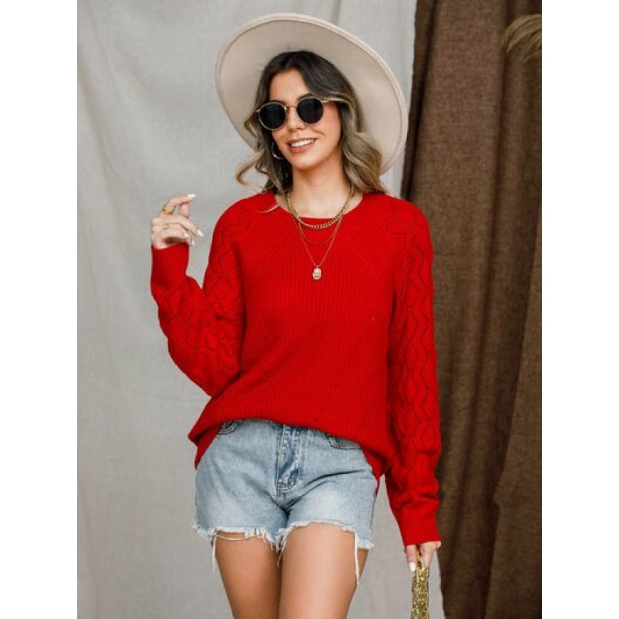 Openwork Round Neck Raglan Sleeve Sweater Apparel and Accessories