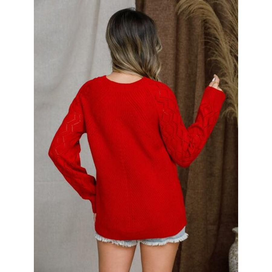 Openwork Round Neck Raglan Sleeve Sweater Apparel and Accessories