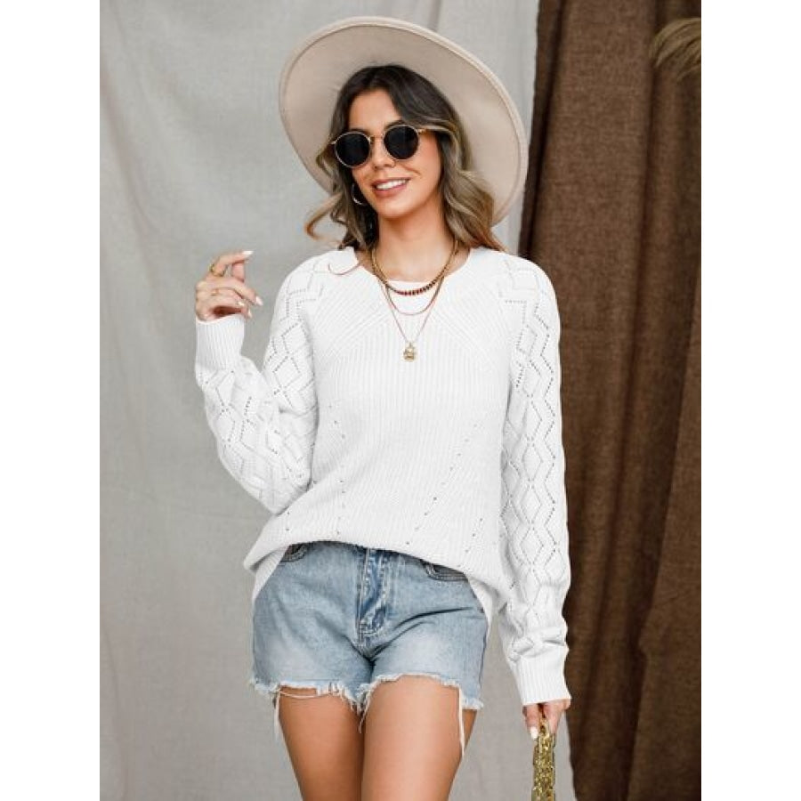 Openwork Round Neck Raglan Sleeve Sweater Apparel and Accessories