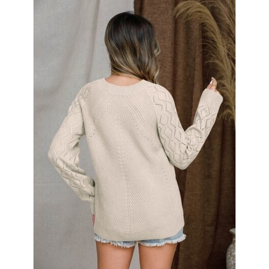 Openwork Round Neck Raglan Sleeve Sweater Apparel and Accessories