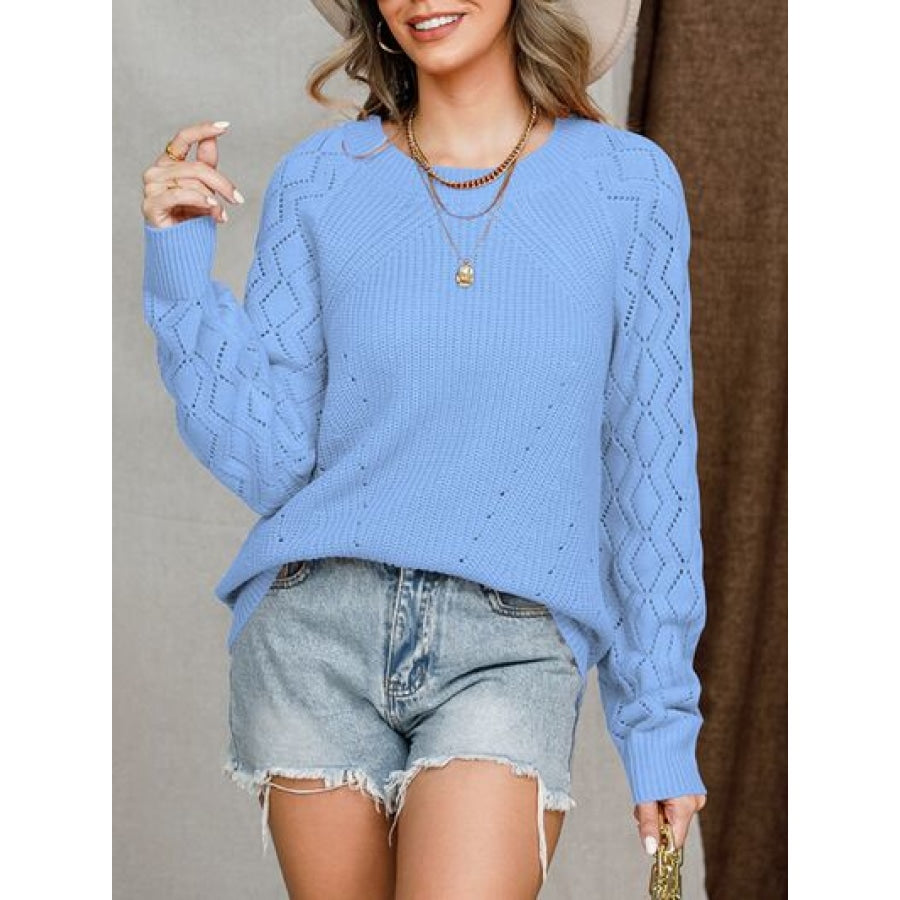 Openwork Round Neck Raglan Sleeve Sweater Apparel and Accessories