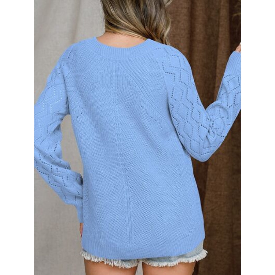 Openwork Round Neck Raglan Sleeve Sweater Apparel and Accessories