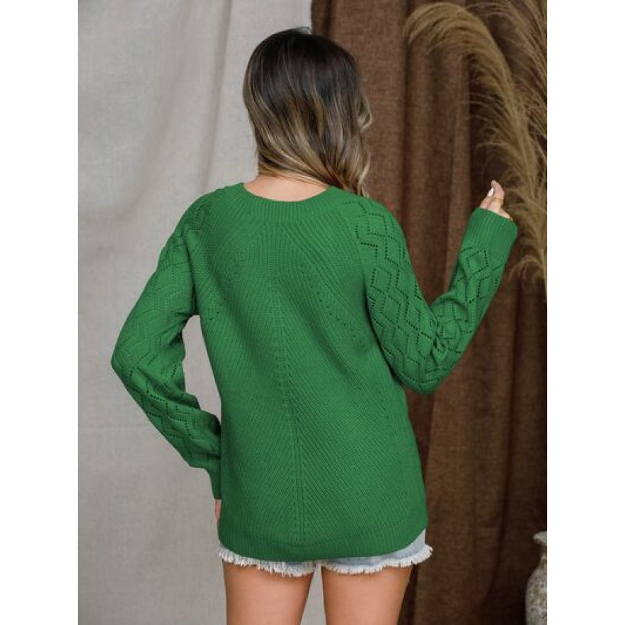 Openwork Round Neck Raglan Sleeve Sweater Apparel and Accessories