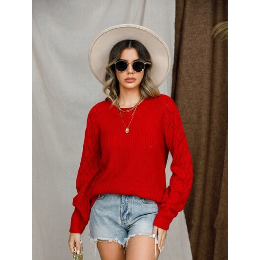 Openwork Round Neck Raglan Sleeve Sweater Apparel and Accessories