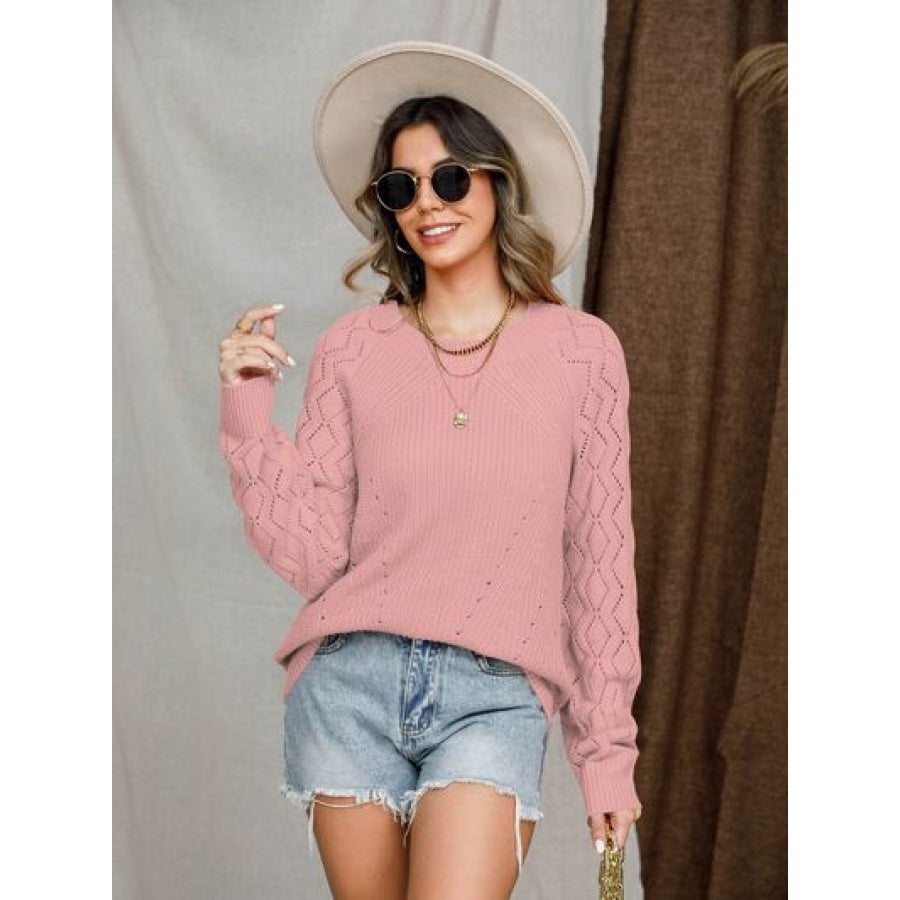 Openwork Round Neck Raglan Sleeve Sweater Apparel and Accessories